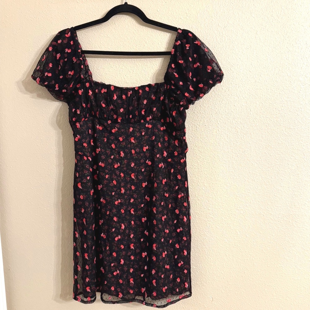 Free People Black Mini Dress with Pink Floral Print Whimsy Goth - Picture 5 of 12